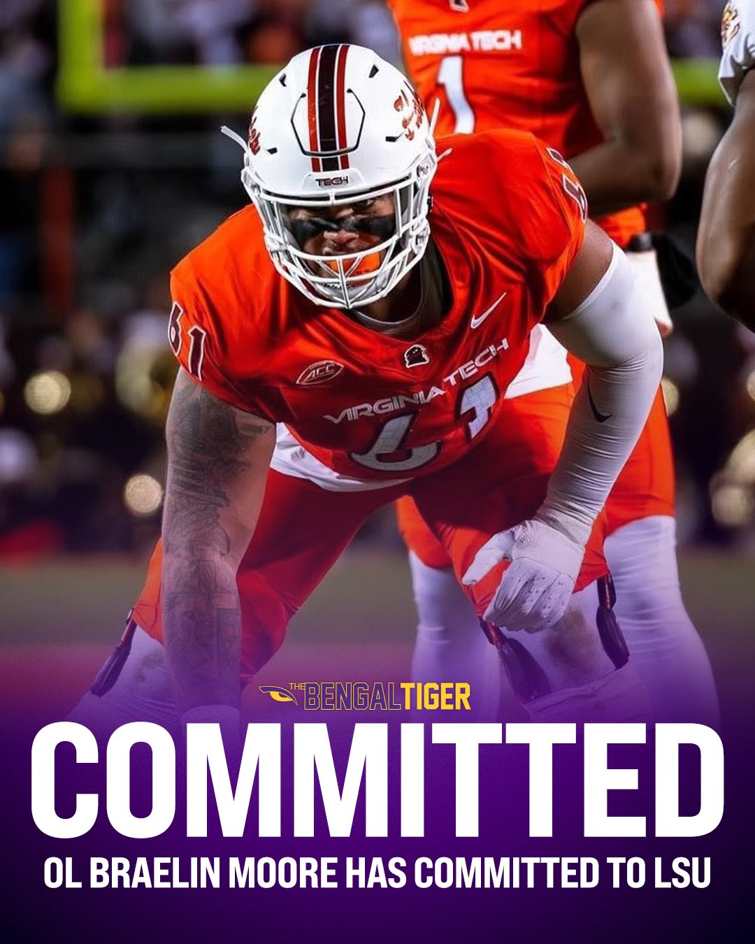 BREAKING:Virginia Tech Transfer Center OL Braelin Moore Commit LSU Tigers Football Program Over Texas Aggies,Louisville and penn State